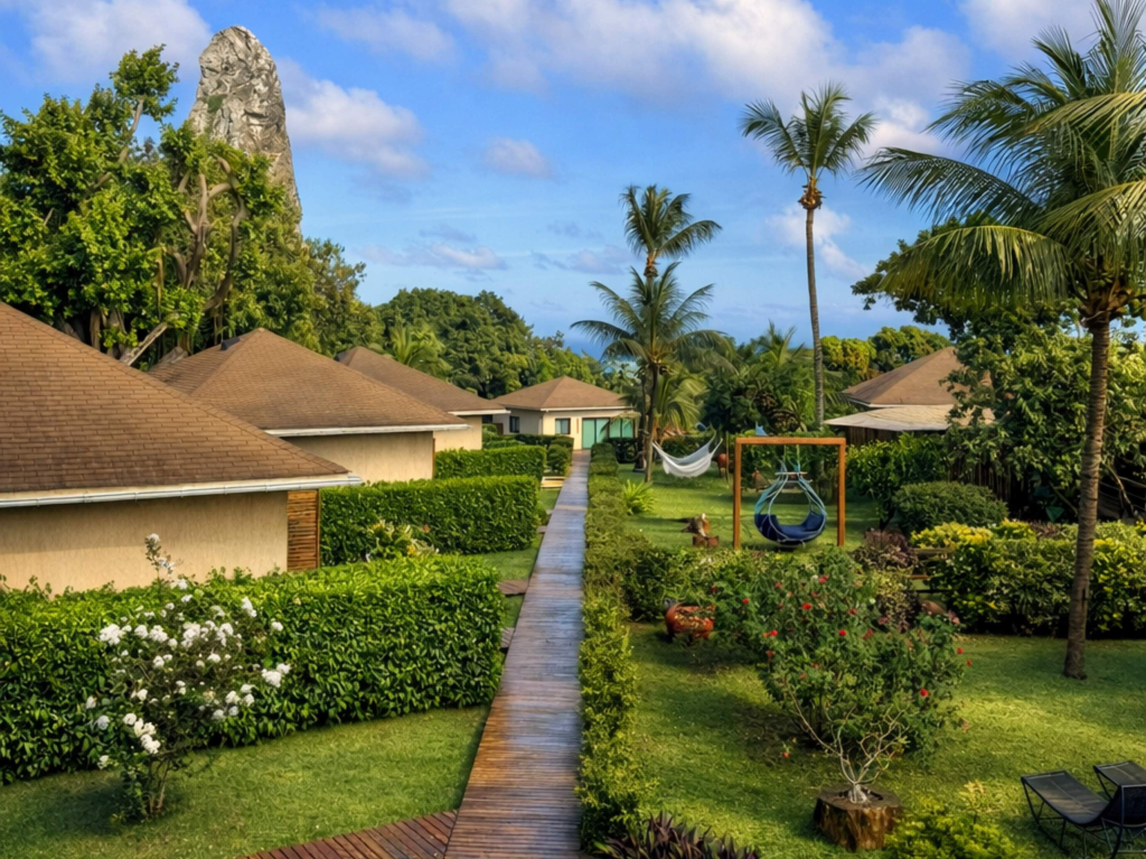 Resort com vários edifícios tipo bangalô, um caminho de madeira, vegetação exuberante e palmeiras.