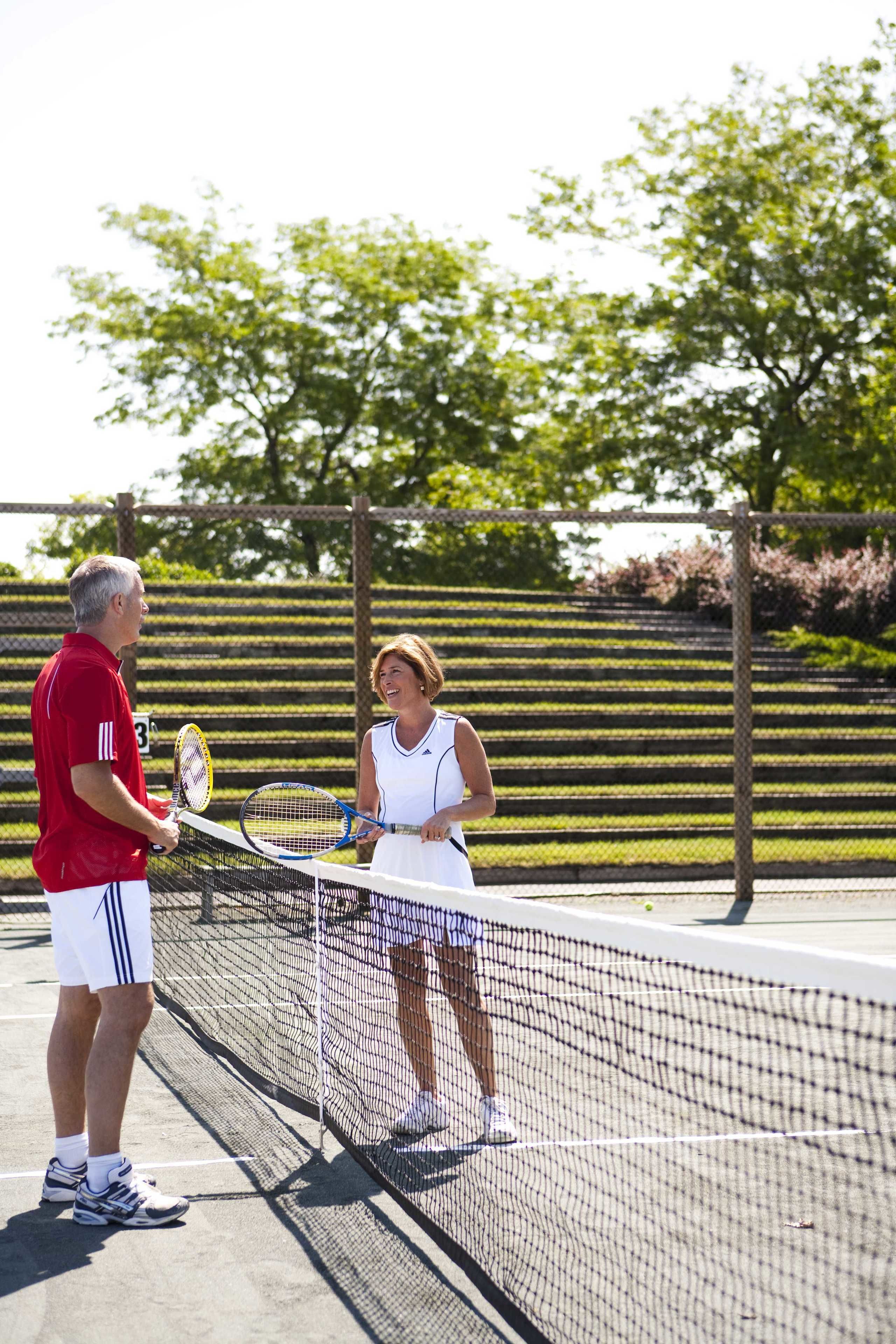 A tennis court with a net, a fence, and trees in the background.