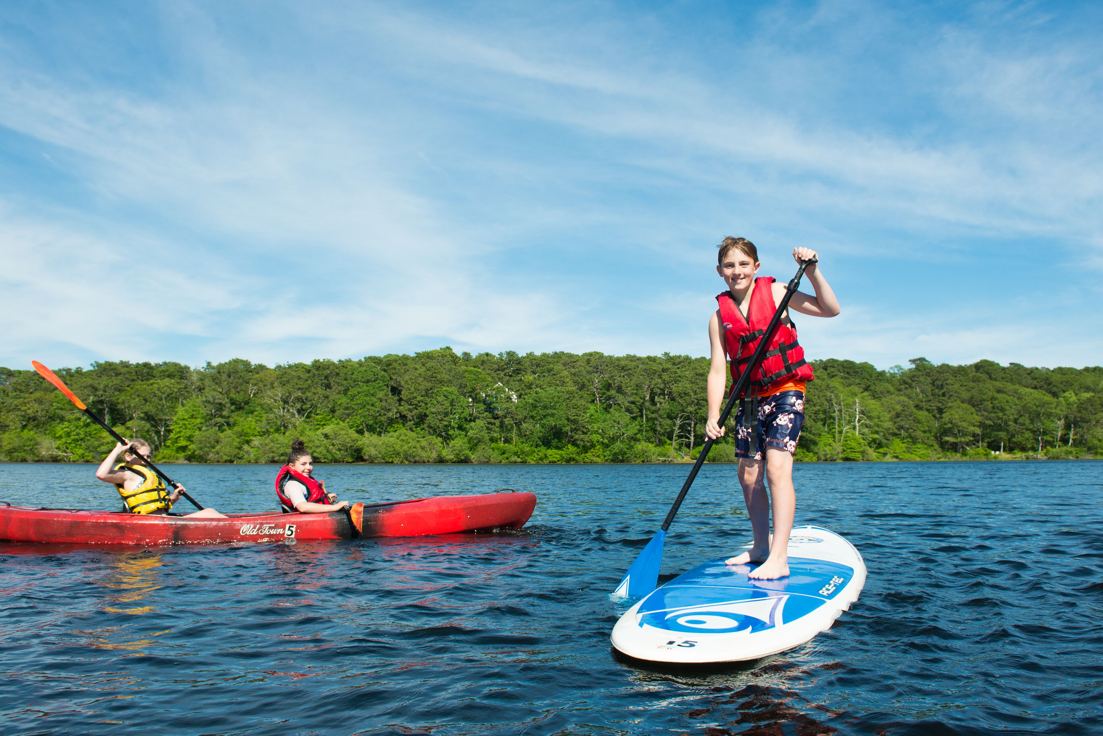 A person standing on a paddleboard in a lake with a forest in the background.