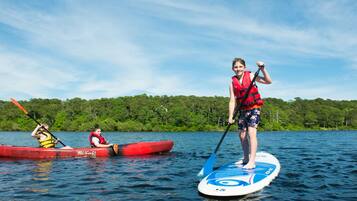 A person standing on a paddleboard in a lake with a forest in the background.