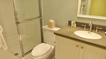 A bathroom with a glass shower enclosure, a toilet, a sink with a mirror above it, and a cabinet below.