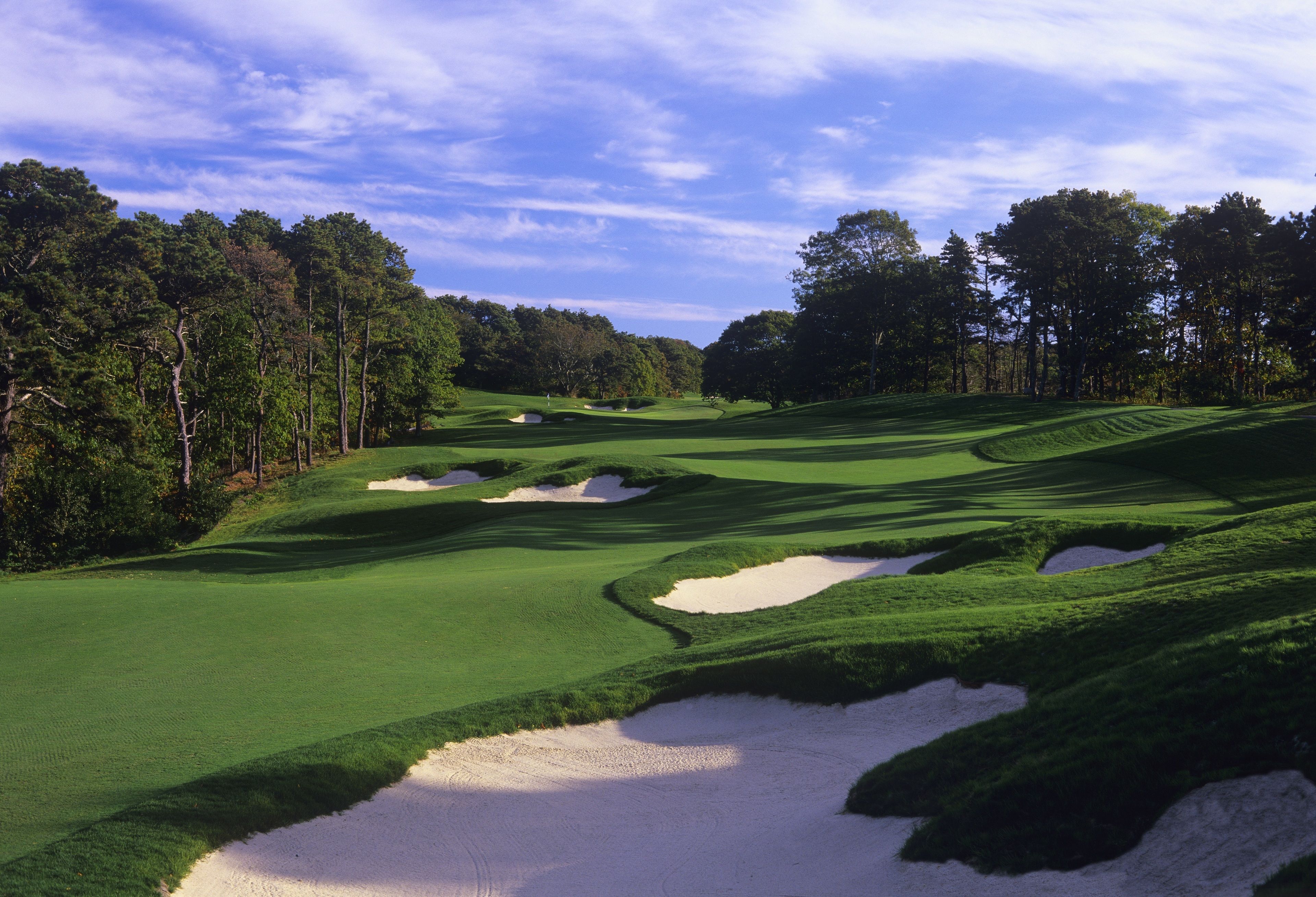 A golf course with sand bunkers and trees.