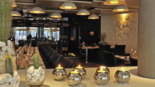 Un interior moderno con iluminación colgante, una exhibición de cactus y un comedor con mesas y sillas.