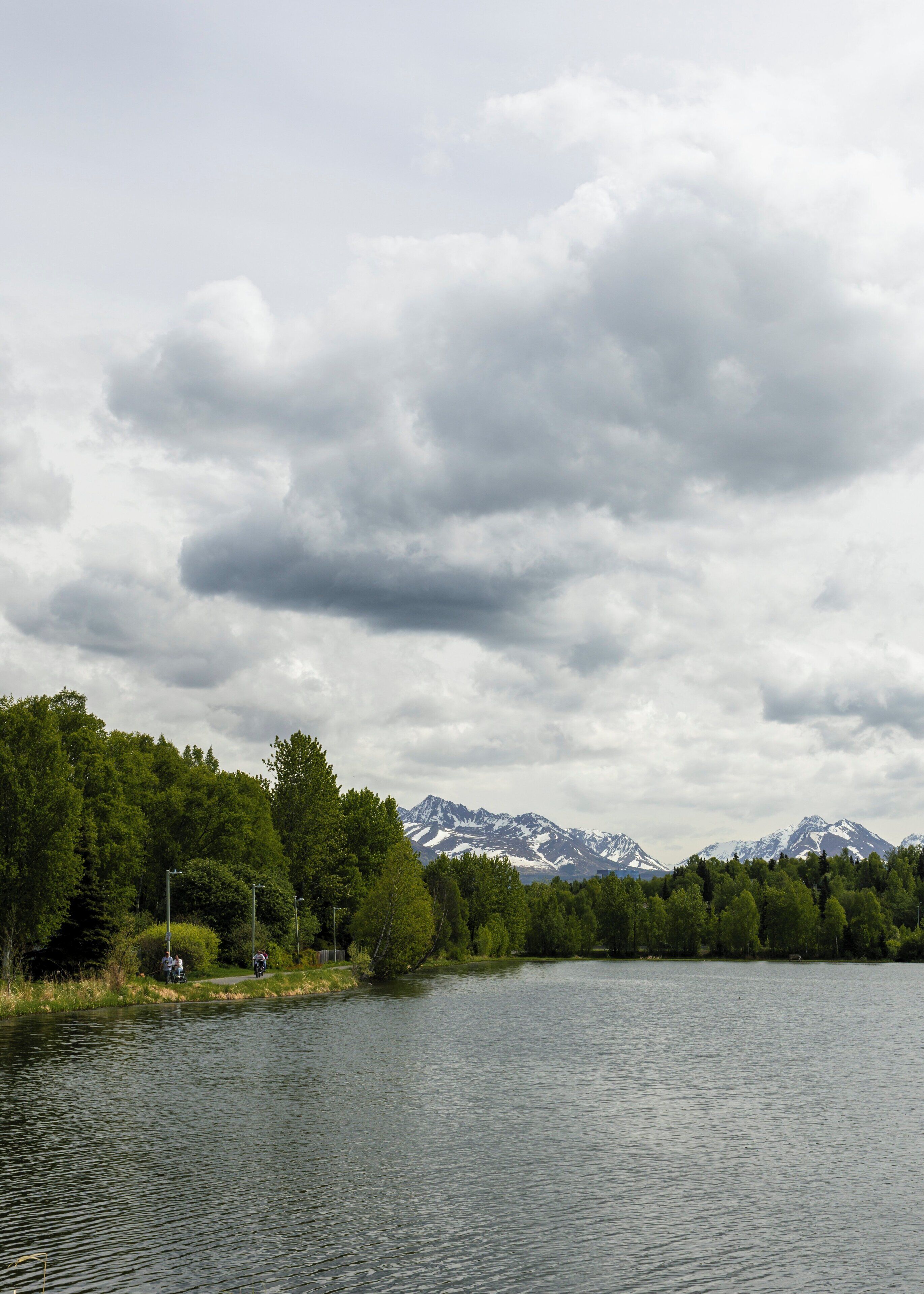 Un lac bordé de montagnes, entouré d’une forêt dense et verdoyante.
