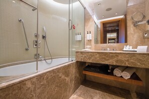 Rainfall showerhead, hair dryer, slippers, towels