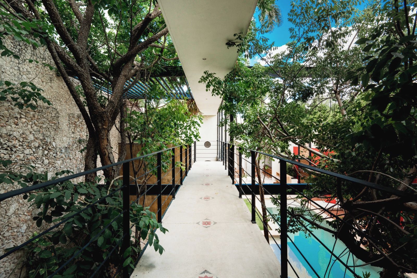A corridor with a pool on one side, surrounded by trees and a stone wall.