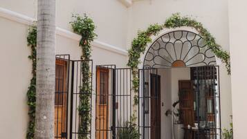 Un patio con una palmera, un camino de piedra y una puerta con arco decorativo.