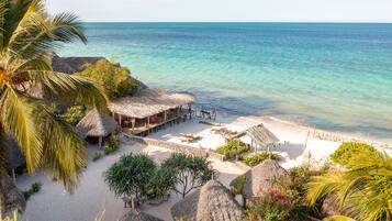 Private beach, white sand, free beach cabanas, sun-loungers
