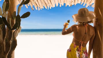 Une scène de plage avec une structure en bois, un cactus et une personne tenant une boisson.