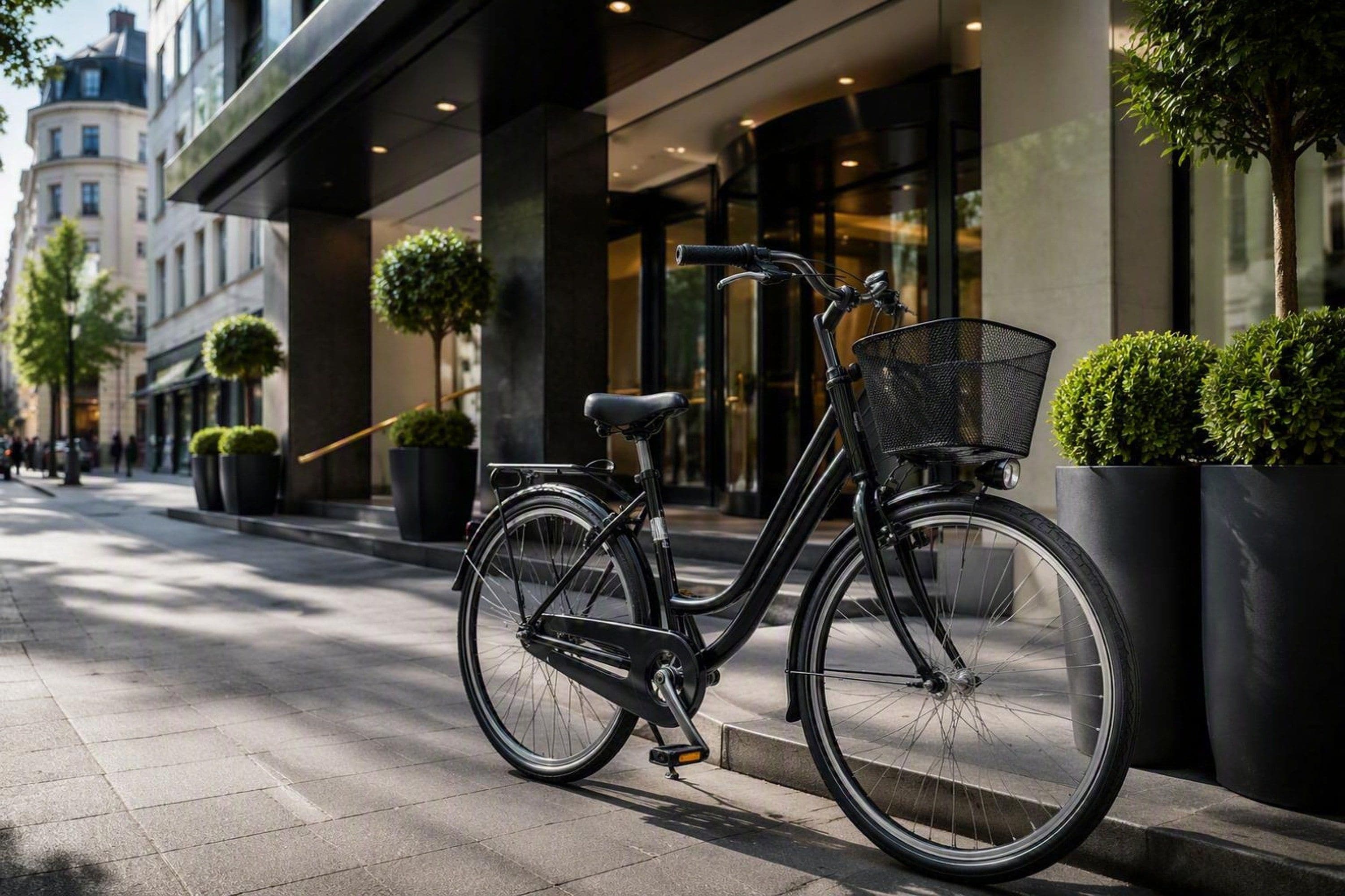 Ein schwarzes Fahrrad mit Korb steht an einem Stadtbordstein.