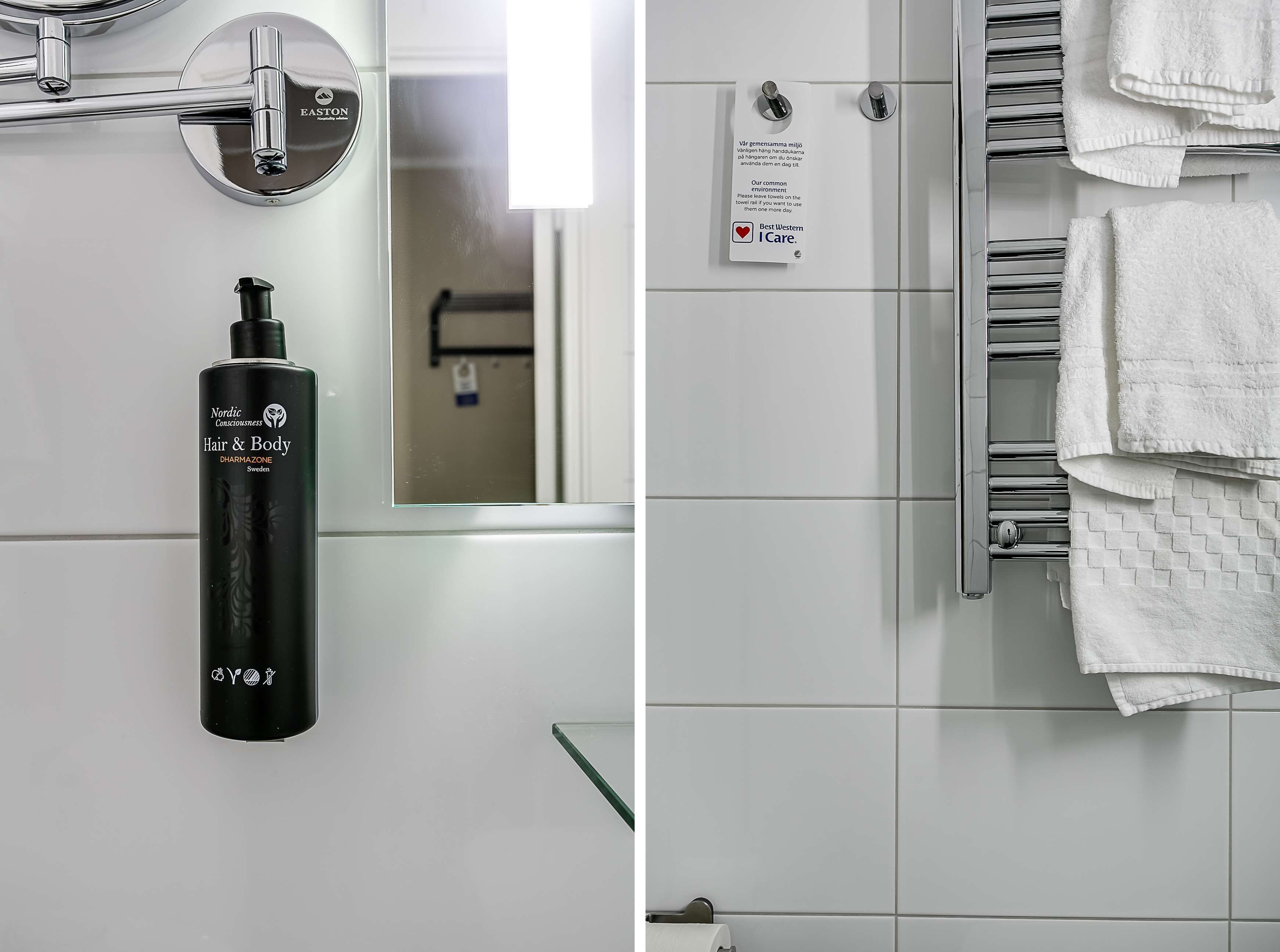 A bathroom with a Nordica Hair & Body product, a towel rail with white towels, and a sign with instructions.