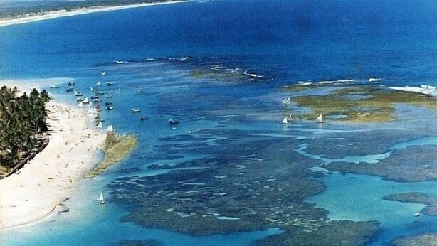An aerial view of a coastal area with clear blue waters, a sandy beach, and several boats. - Pousada Porto Belo (Ipojuca)