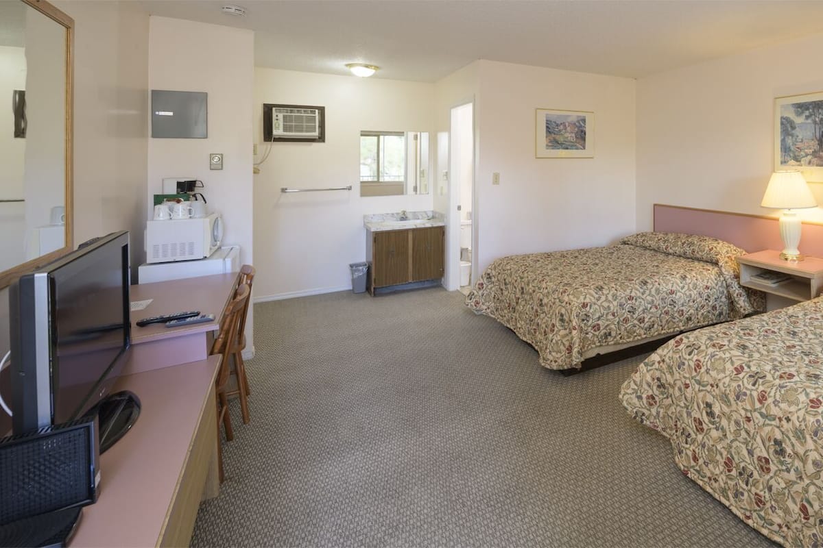 Une chambre d’hôtel avec deux lits, un bureau avec un ordinateur, une télévision et une salle de bain avec douche et lavabo.