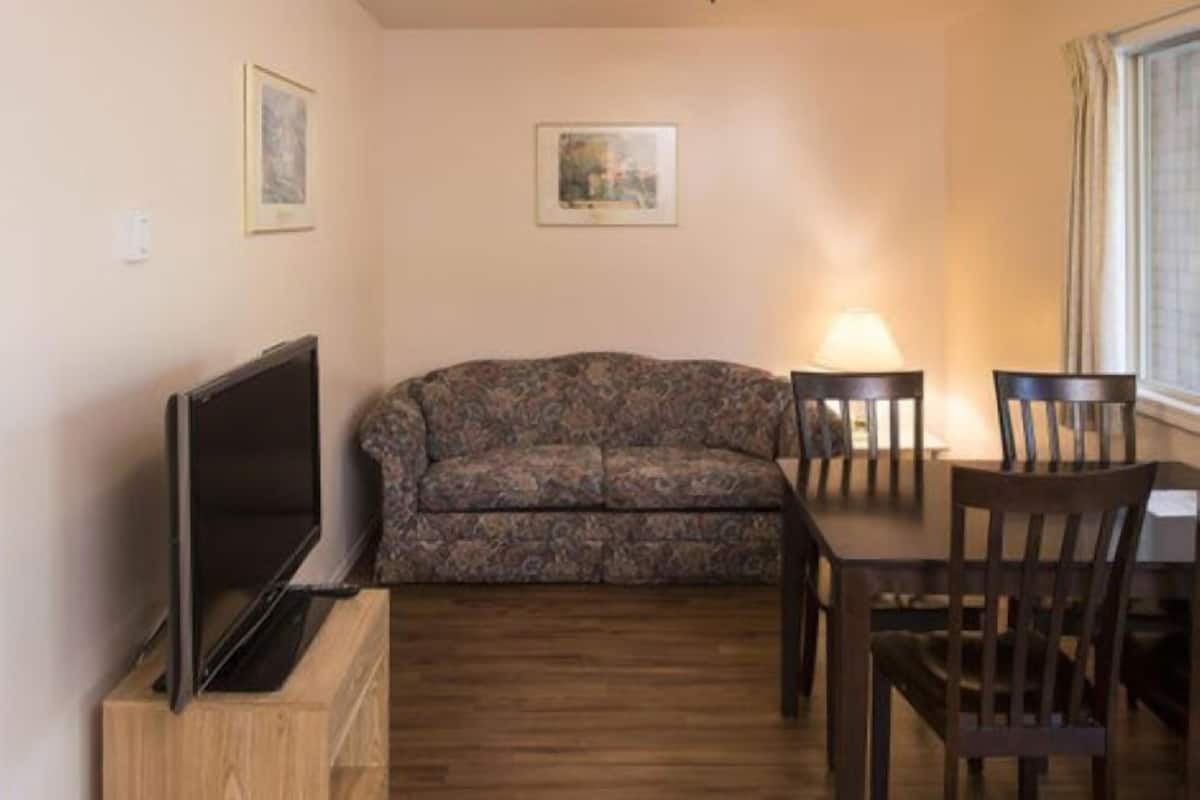 Un salon comprenant un canapé, un téléviseur posé sur un meuble en bois, une table avec des chaises et deux tableaux encadrés accrochés au mur.