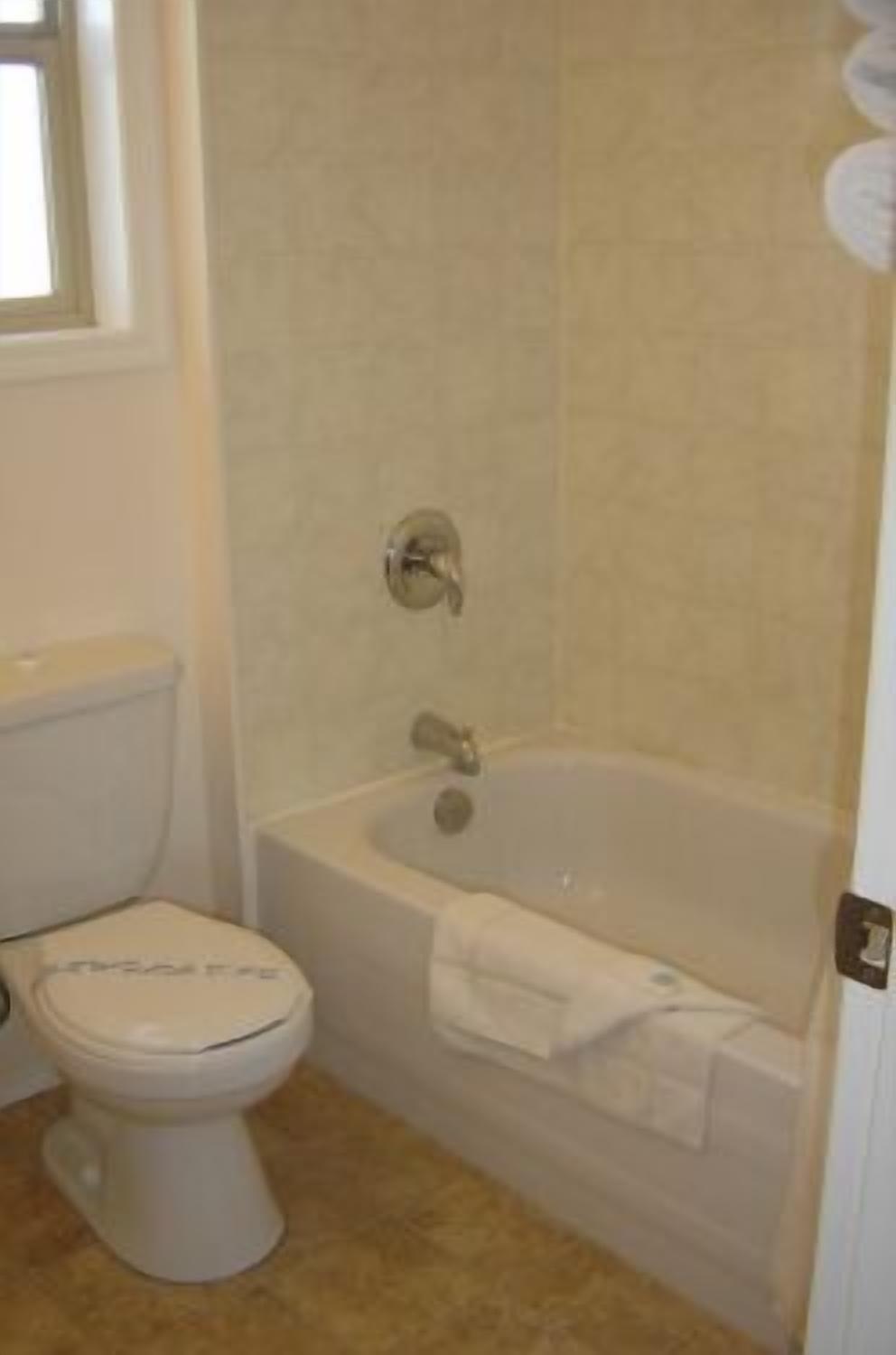 A bathroom with a toilet, a bathtub, and a window.