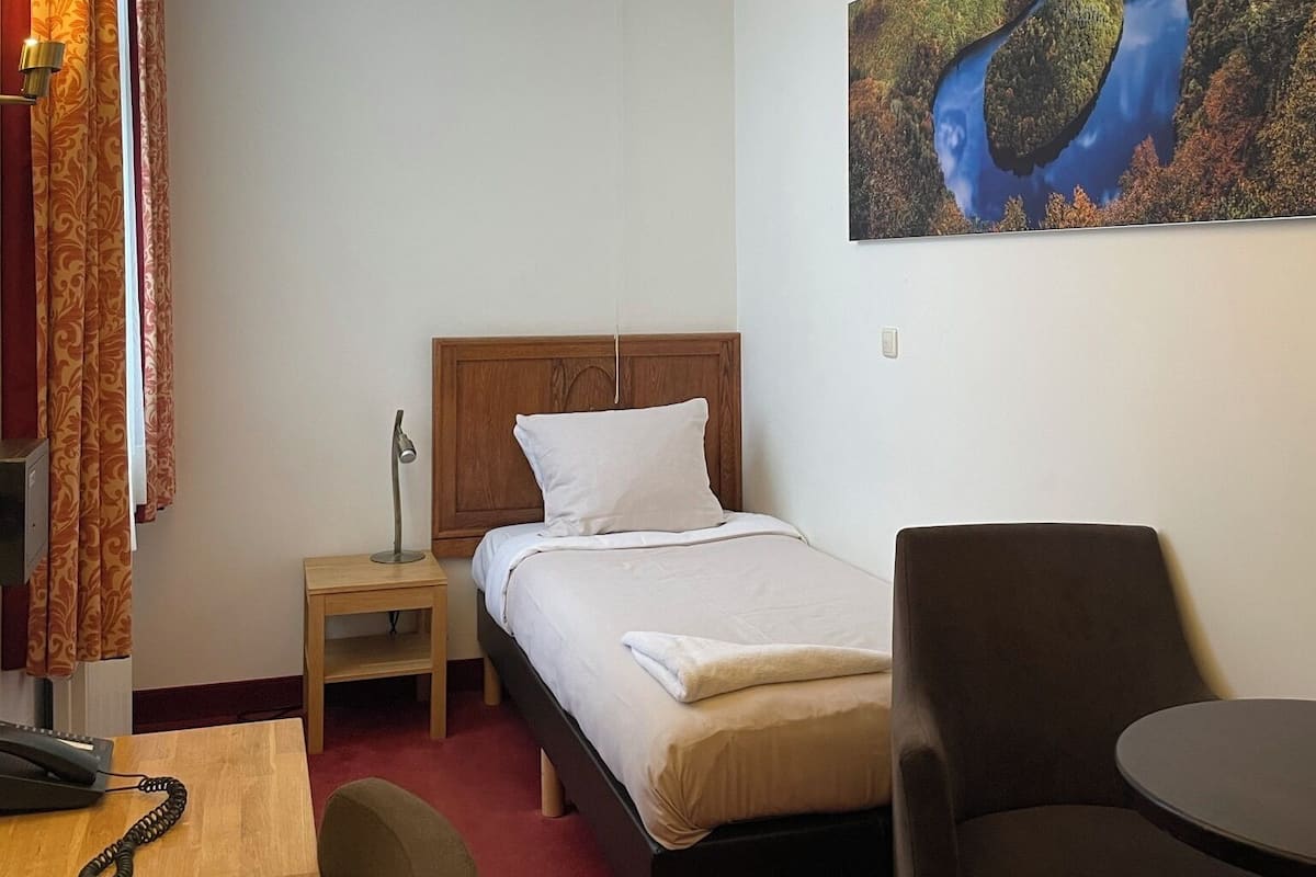 Ein Hotelzimmer mit einem Bett, einem Schreibtisch, einem Stuhl und einem Pfauengemälde an der Wand.
