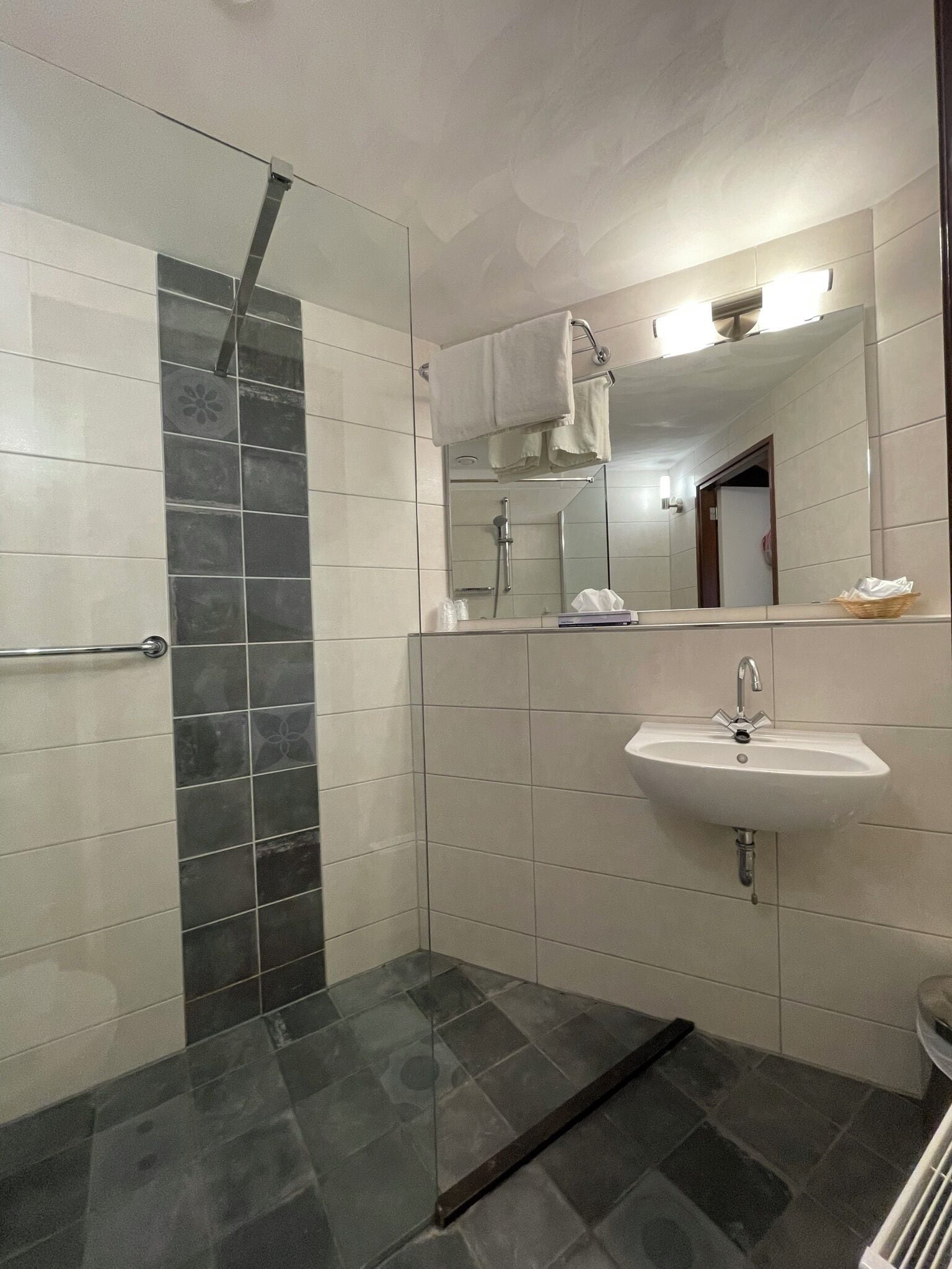 Un baño moderno con ducha, lavamanos y espejo.