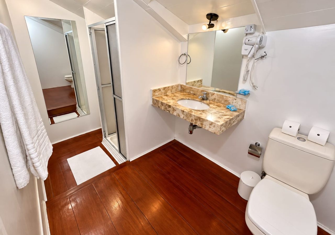 Baño con lavamanos de mármol, inodoro y ducha.