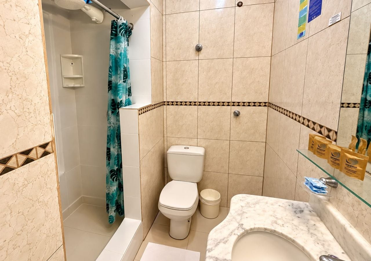A bathroom with a toilet, a sink, and a shower area.