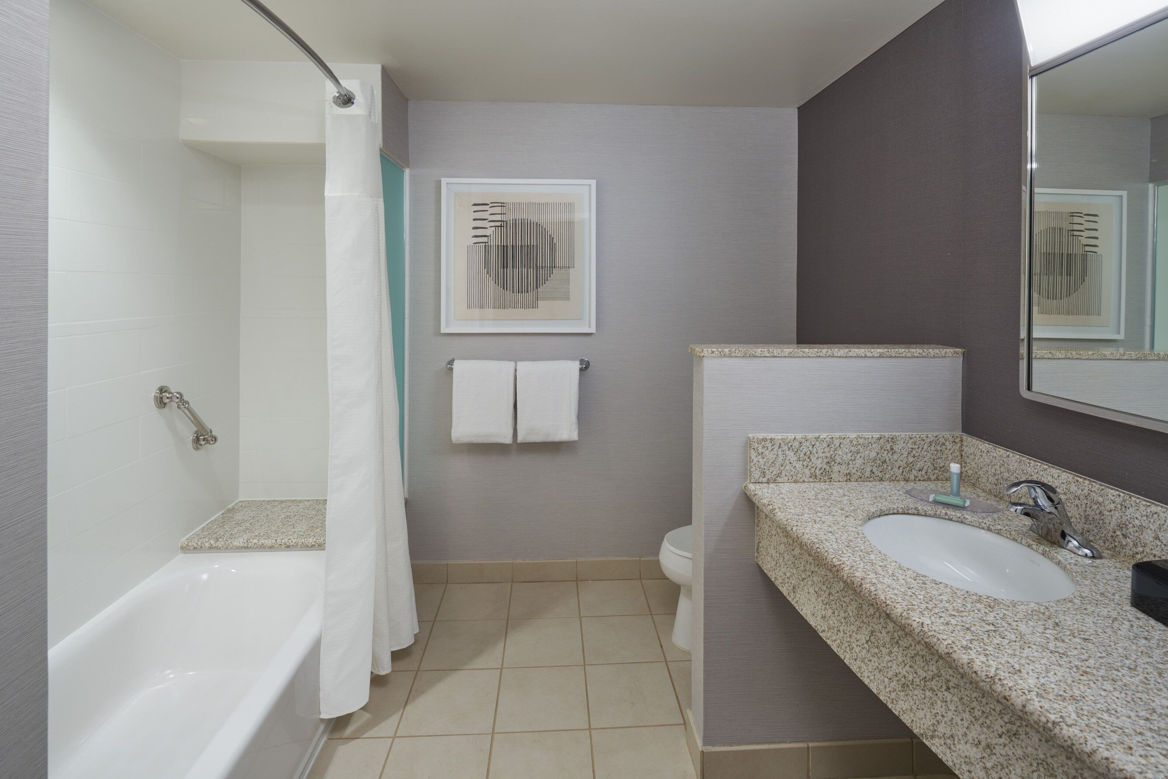 A bathroom with a bathtub, a sink, a toilet, and a shower curtain.