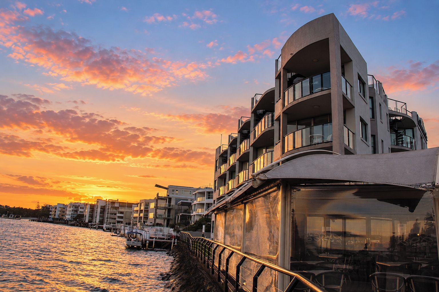 A waterfront building with multiple balconies, a glass facade, and a view of the water.