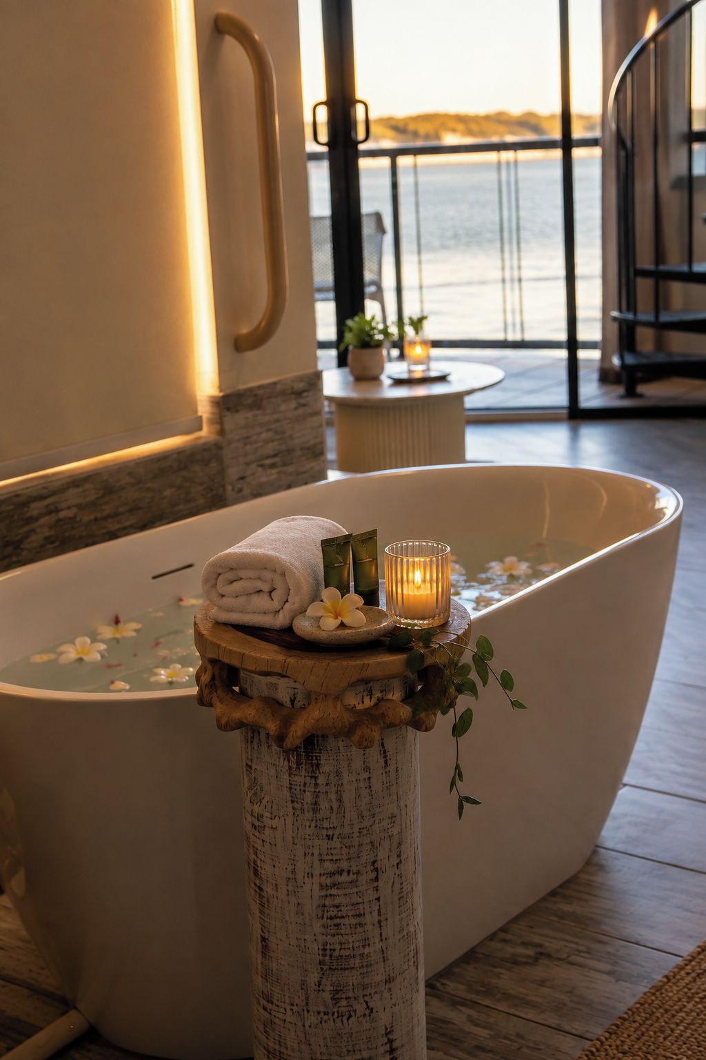 A spa tub with a towel and candles, a wooden stool, and a view of the sea.