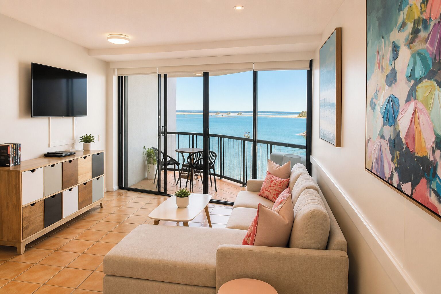 En moderne stue med sofa, sofabord og fjernsyn, med udsigt til en balkon og havet.