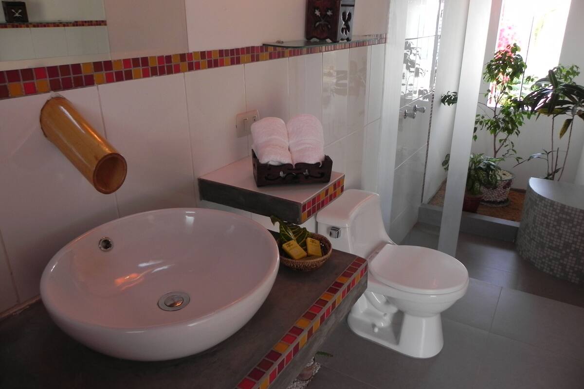 shower, rainfall showerhead, free toiletries, hair dryer