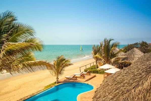 Outdoor pool, pool umbrellas, pool loungers