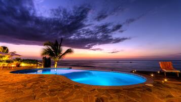 Outdoor pool, pool umbrellas, pool loungers