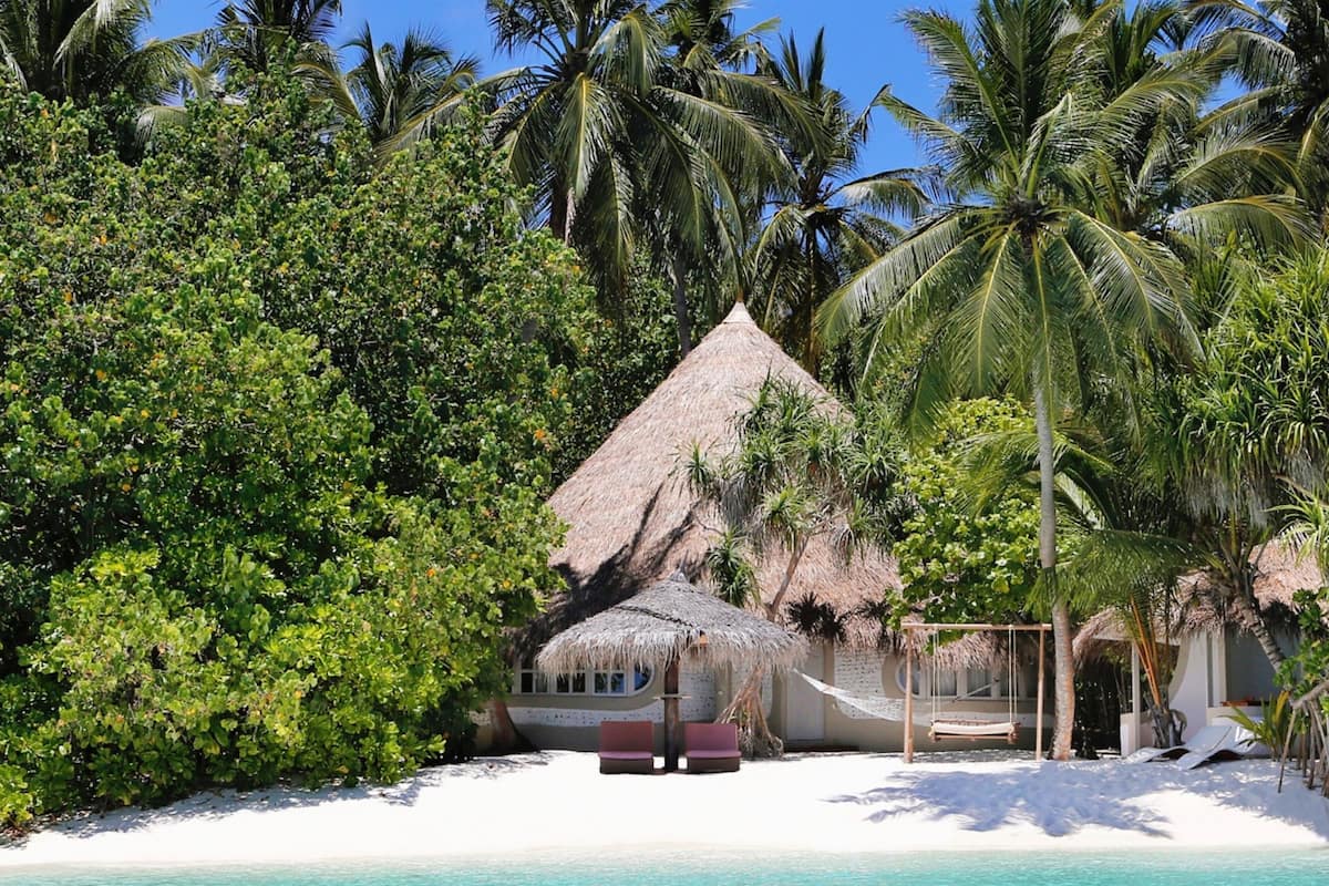 Une propriété située en bord de mer, avec un petit chalet au toit de chaume, entourée d’une végétation luxuriante et de palmiers.