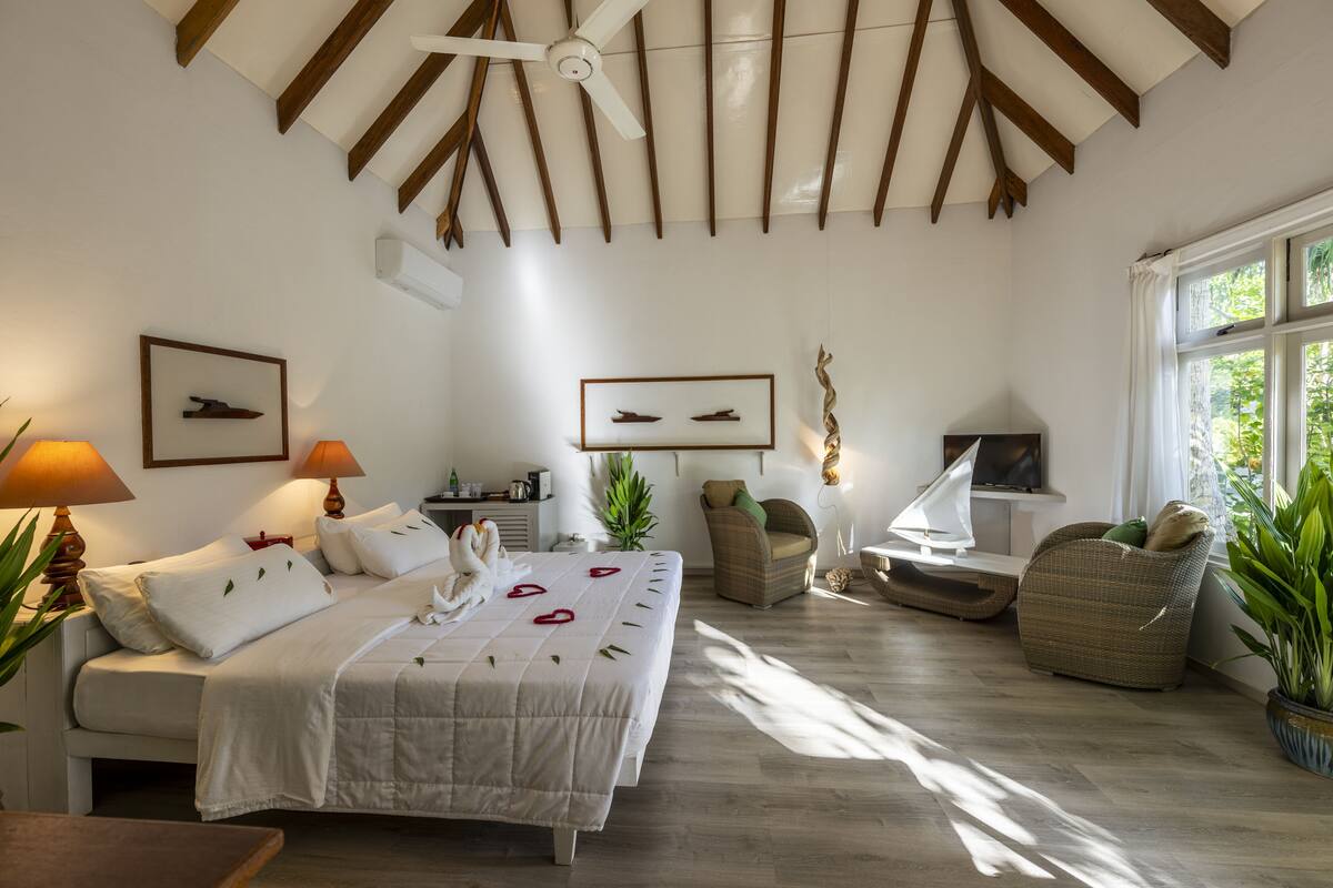 Une chambre à coucher avec un lit, deux chaises, un bureau, une télévision et une fenêtre.