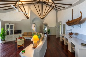 Deluxe Beach Villa with Private Beach | Oppholdsområde | En 43-tommers Flatskjerm-TV med Parabol-TV