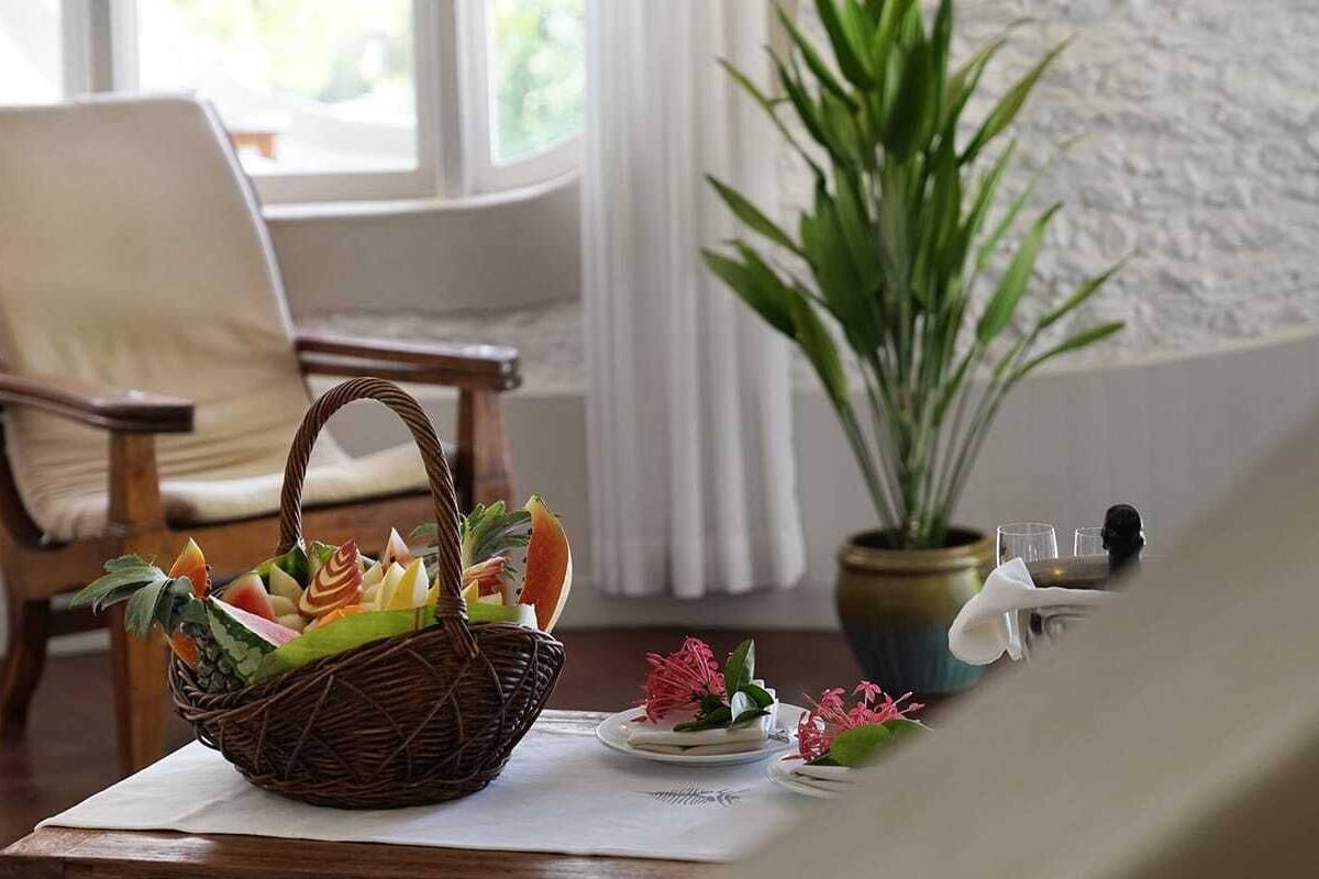 Un panier en osier rempli de fruits et de légumes est posé sur une table, à côté d’une chaise, d’une plante en pot et d’une petite assiette ornée de fleurs.