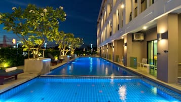 Outdoor pool, pool umbrellas, pool loungers