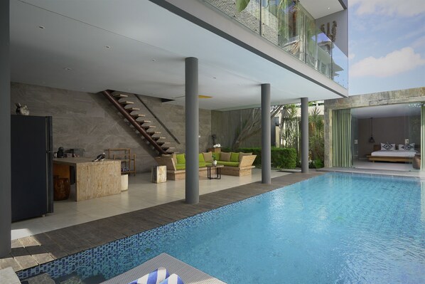 Indoor pool, outdoor pool, sun loungers