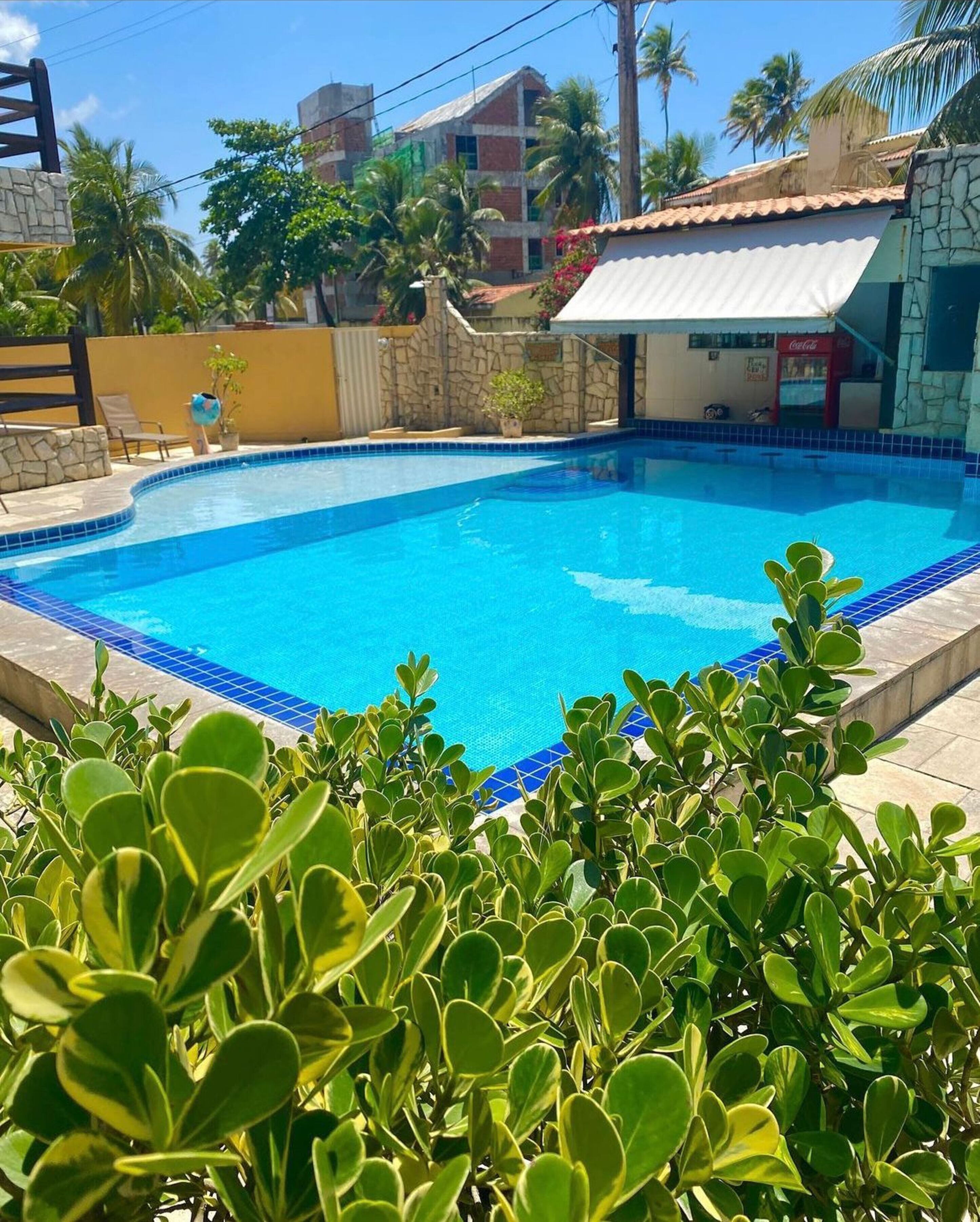 Una piscina al aire libre, sombrillas, sillones reclinables de piscina