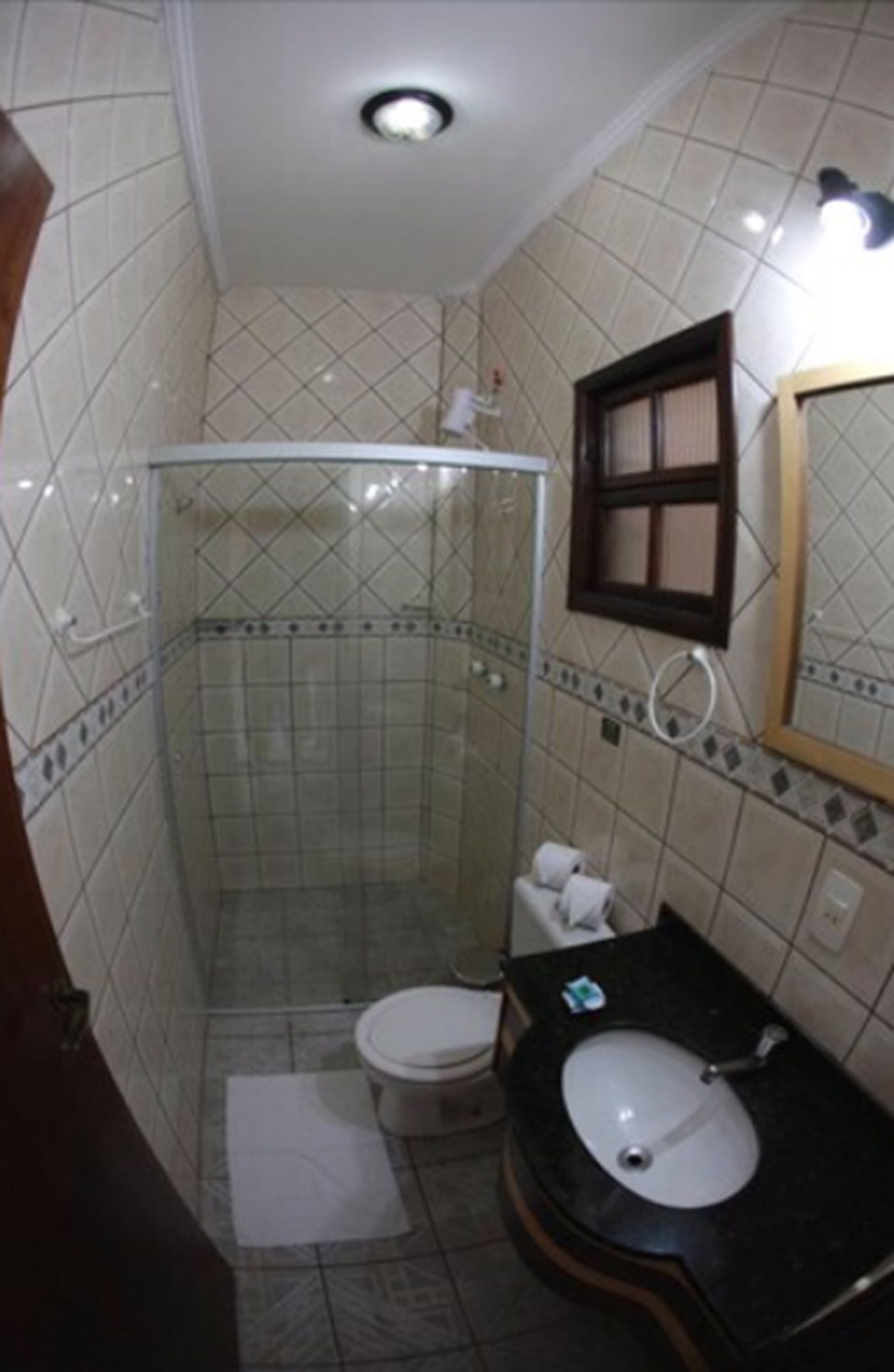 Une petite salle de bain avec une douche à parois de verre, des toilettes et un lavabo avec un miroir au-dessus.