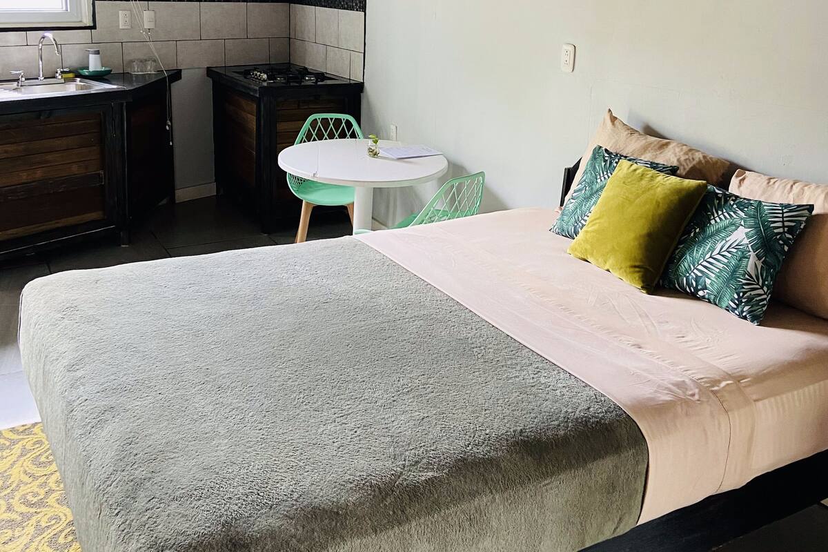 A bedroom with a bed, a small table, and a kitchenette.