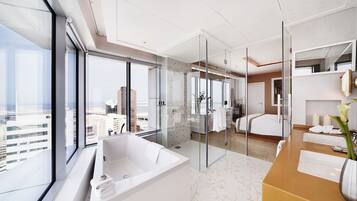 A modern hotel bathroom with a large bathtub, a glass-enclosed shower, and a city view.