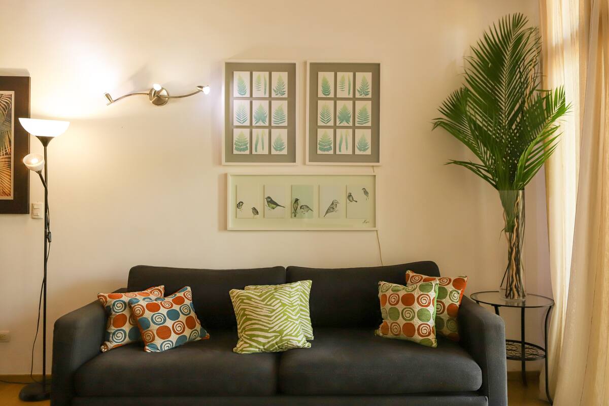 A living room with a dark sofa, colorful patterned cushions, framed artwork on the wall, a floor lamp, and a potted plant.