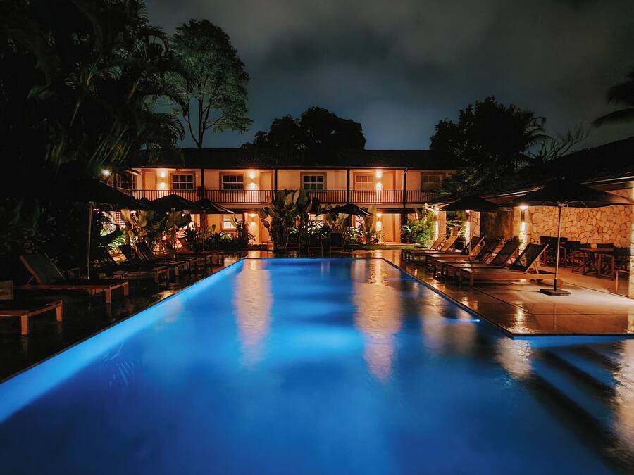 Outdoor pool, pool umbrellas, pool loungers