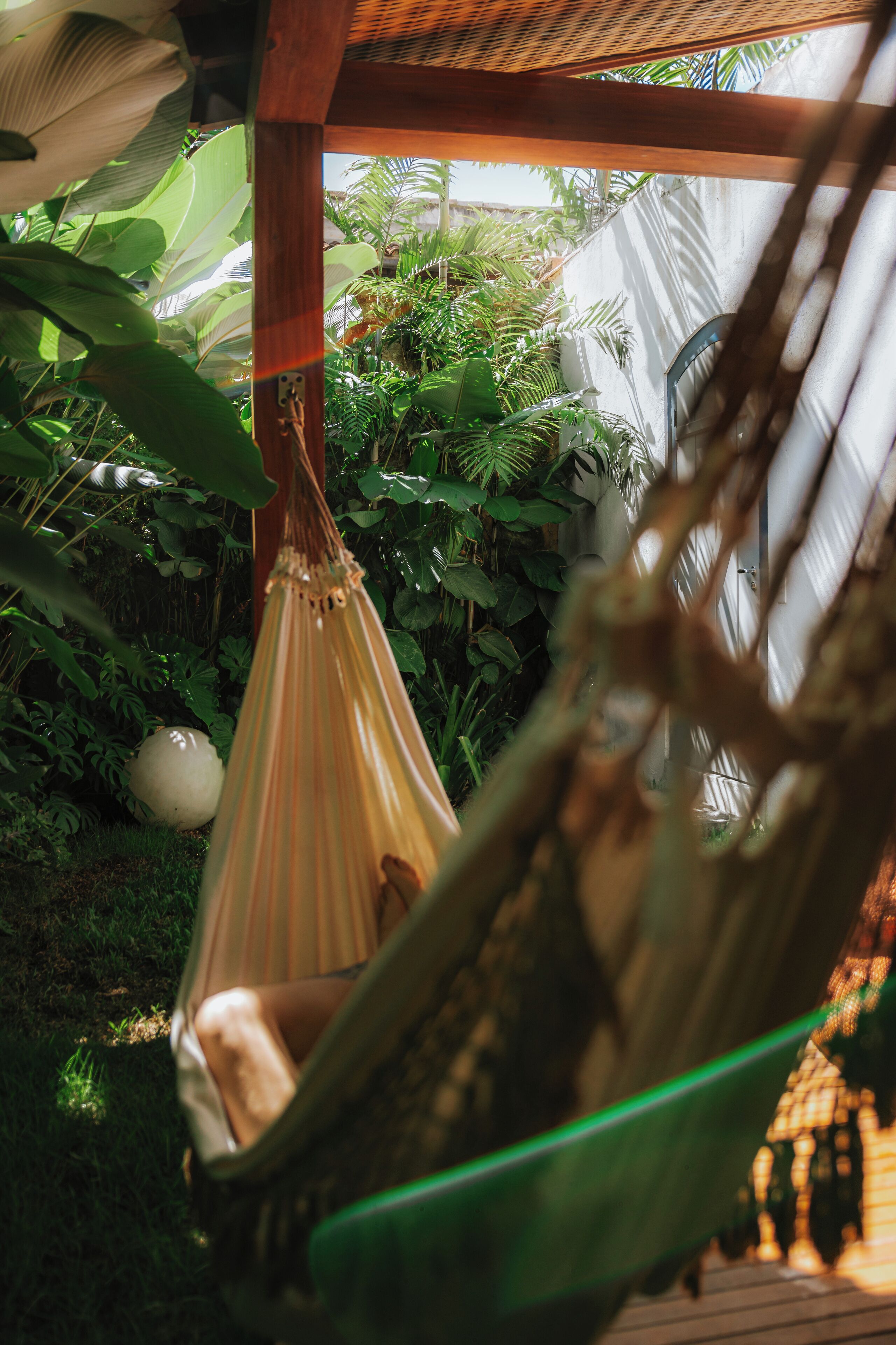 A hammock in a lush garden with various plants and a white spherical object on the ground.