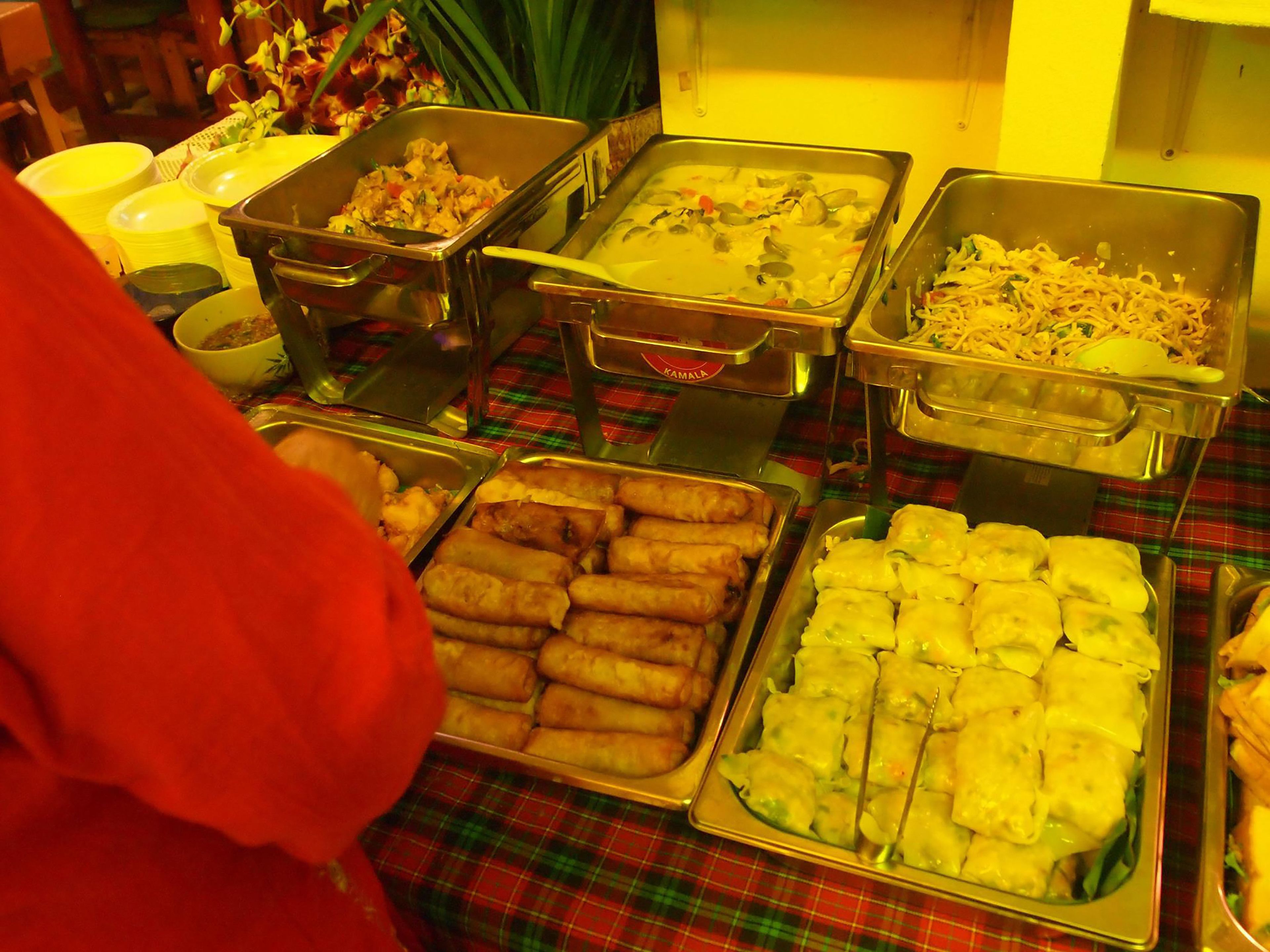 Una mesa de bufé con diversos alimentos, incluyendo rollitos fritos, un plato cremoso y un plato de fideos.