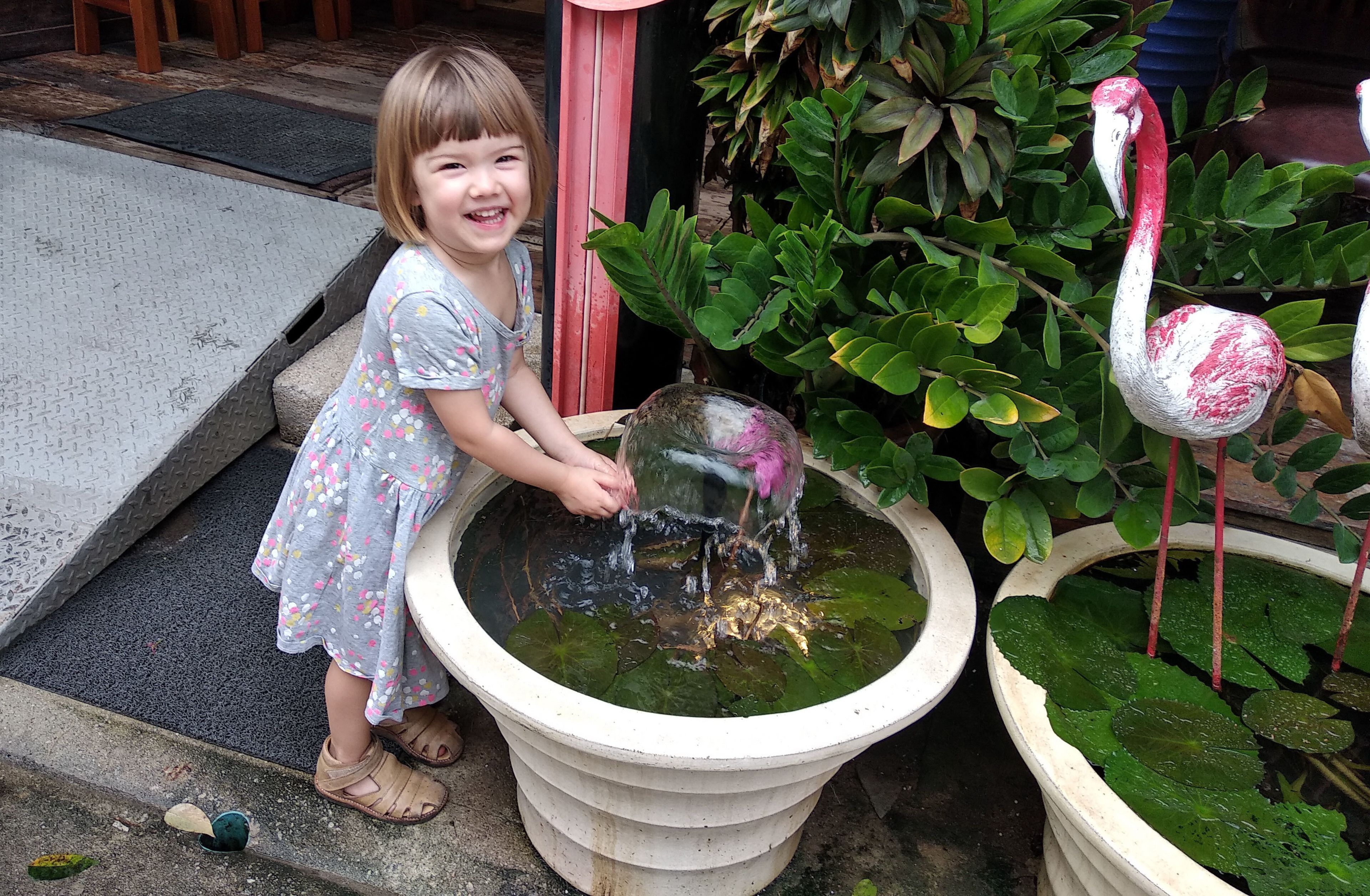 A child playing with water in a large container near a flamingo.