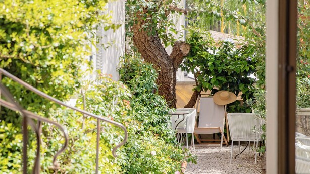 Un patio con mesa y sillas, rodeado de follaje y un árbol.