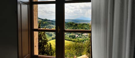 Una ventana con vistas a un paisaje verde y colinas.