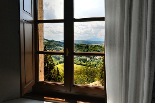 Una ventana con vistas a un paisaje verde y colinas.