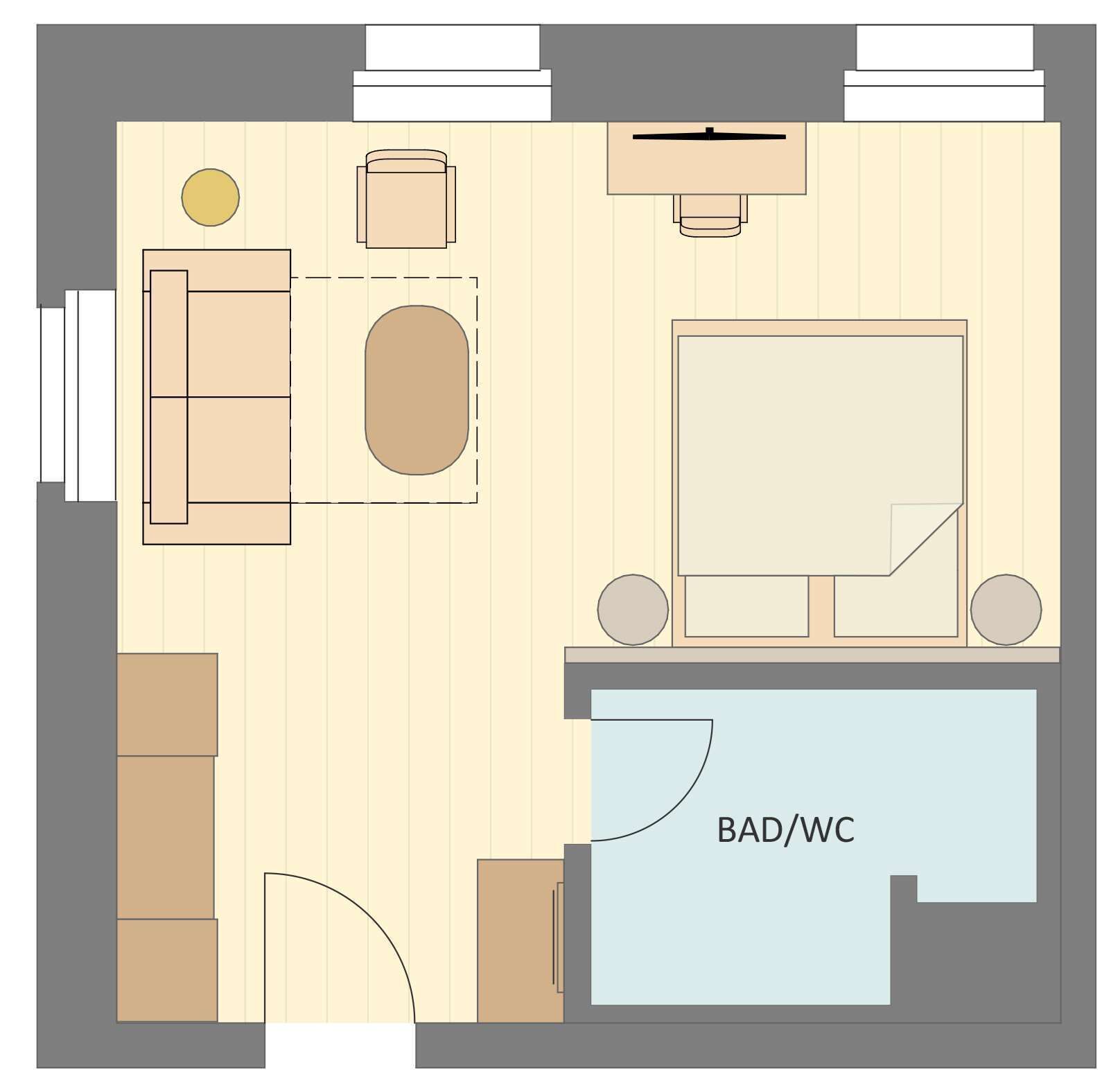 Plano de planta de una habitación de hotel con cama, escritorio, silla, sofá, una mesita y baño.