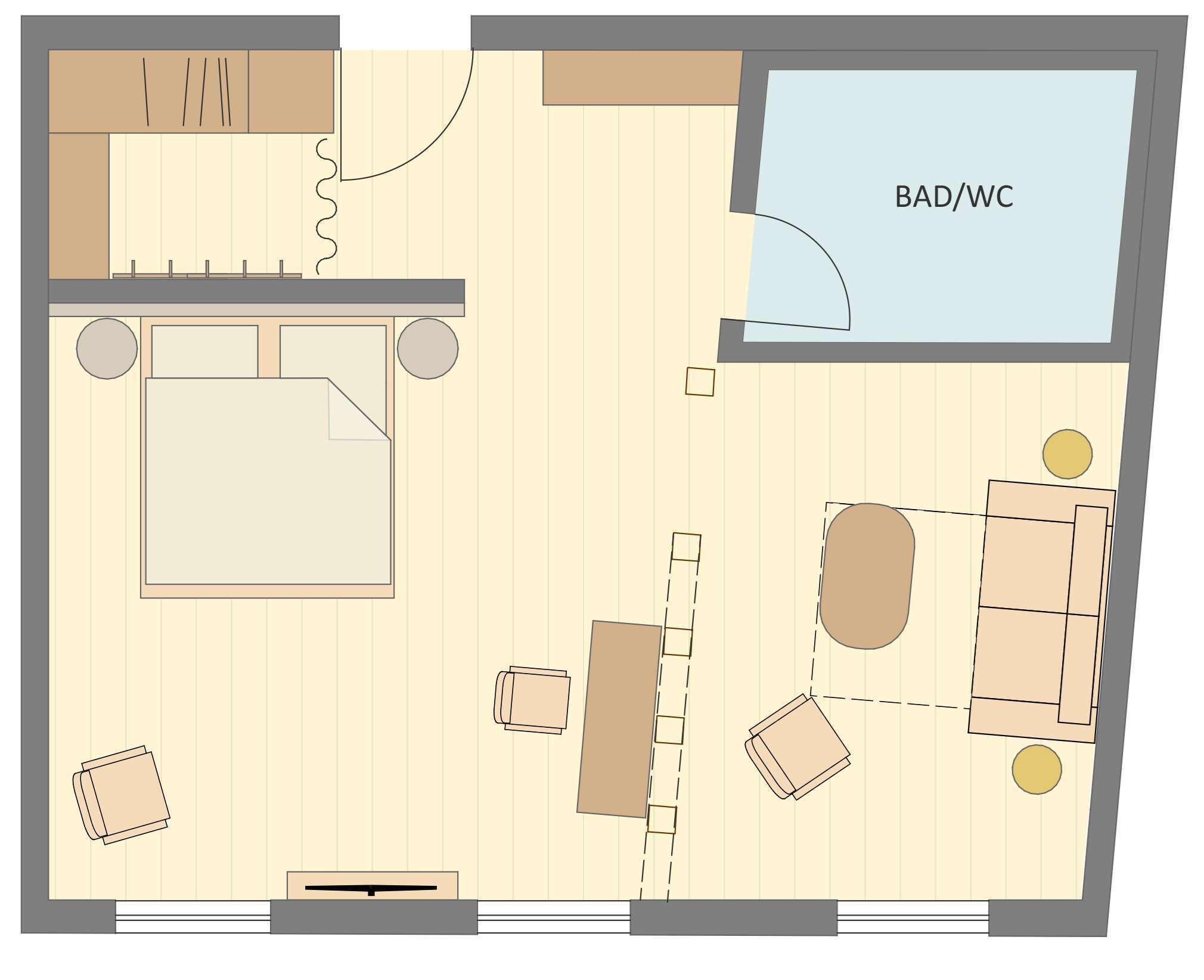 Plano de planta de una habitación de hotel con cama, escritorio, silla, sofá, mesita y baño indicado como BAD/WC.